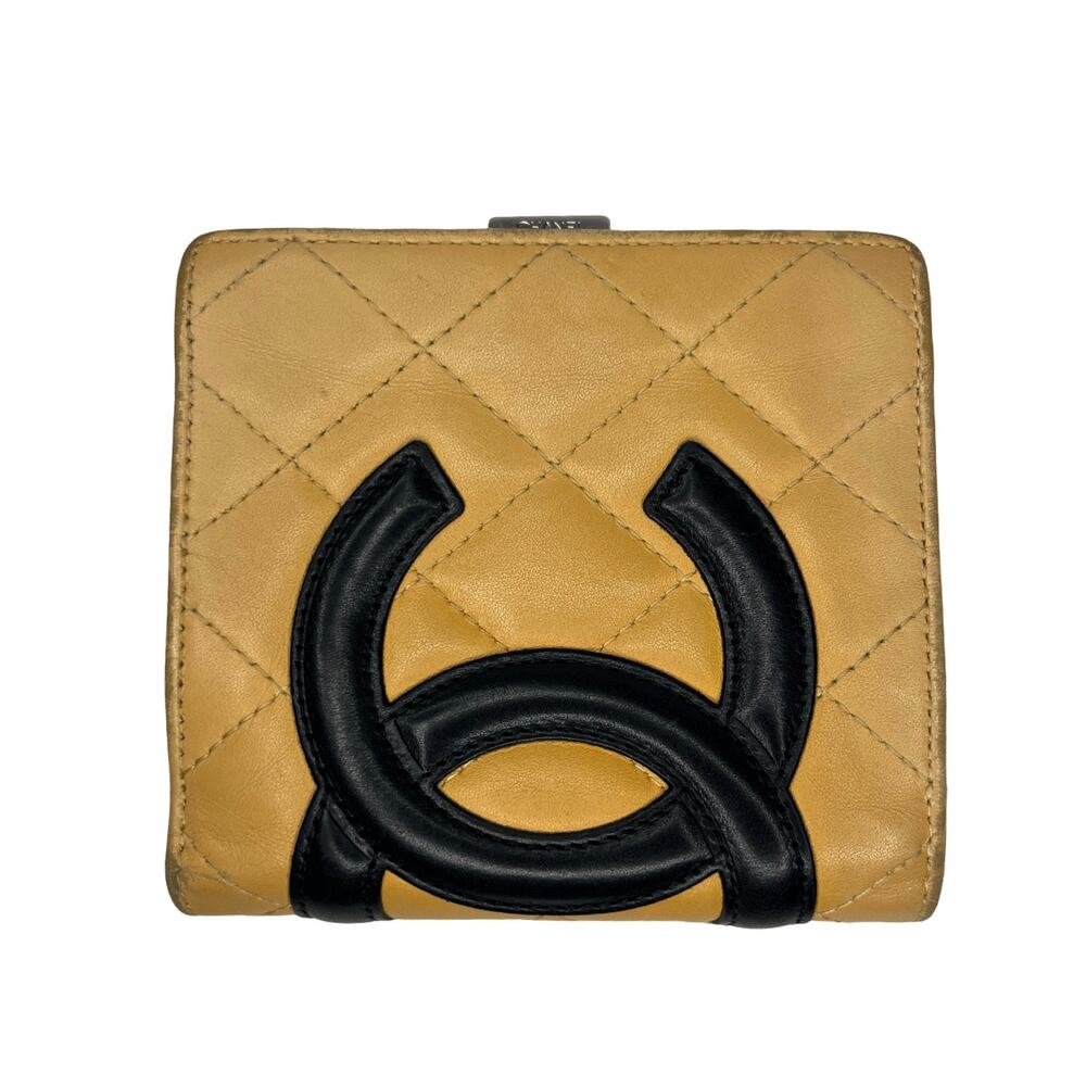 Chanel Vintage Cambon Ligne French Purse Compact Wallet Beige Black CC 9 Series